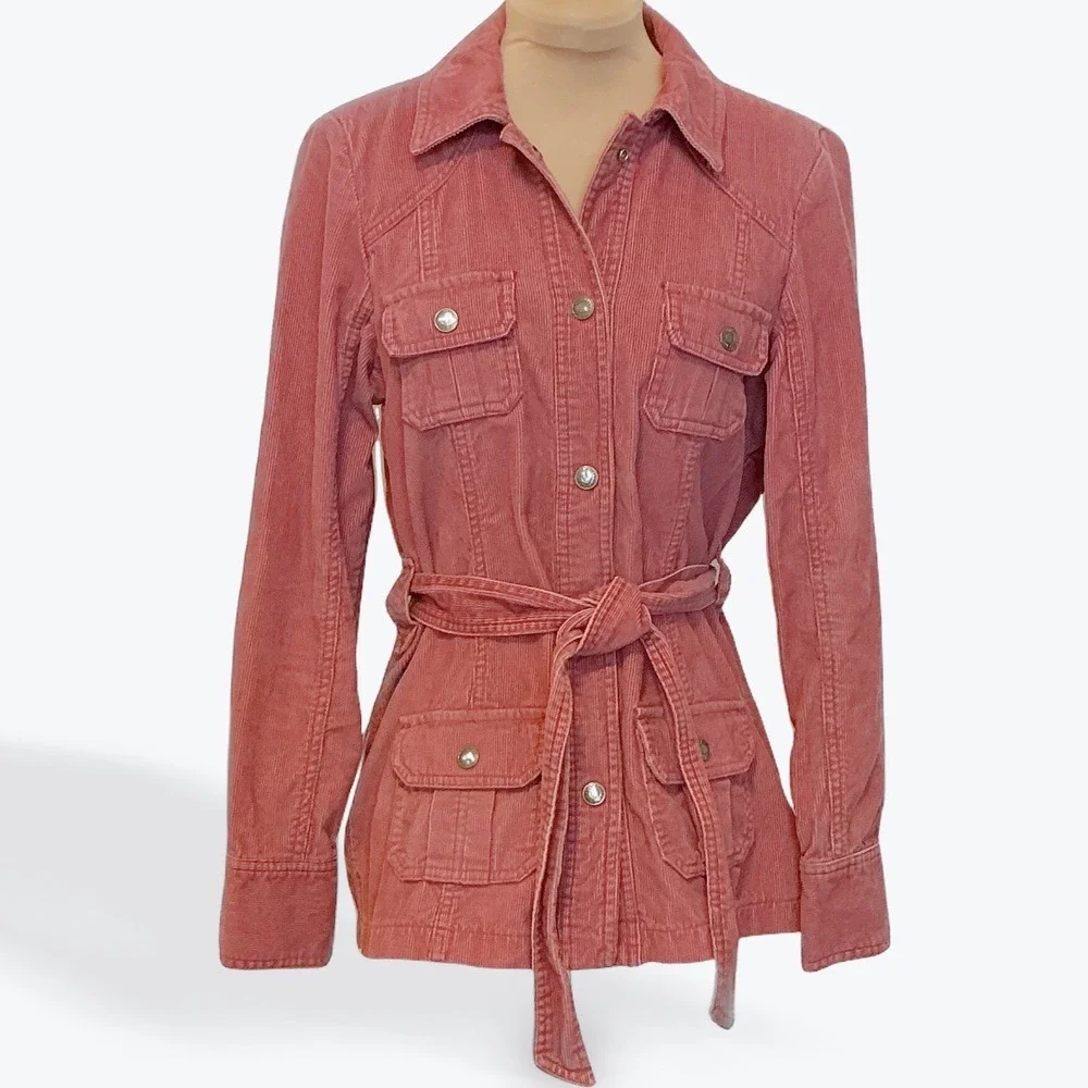 Old Navy Vintage Corduroy Utility Jacket Pink Snap Front Belted Women S Fall 03 - Picture 2 of 10
